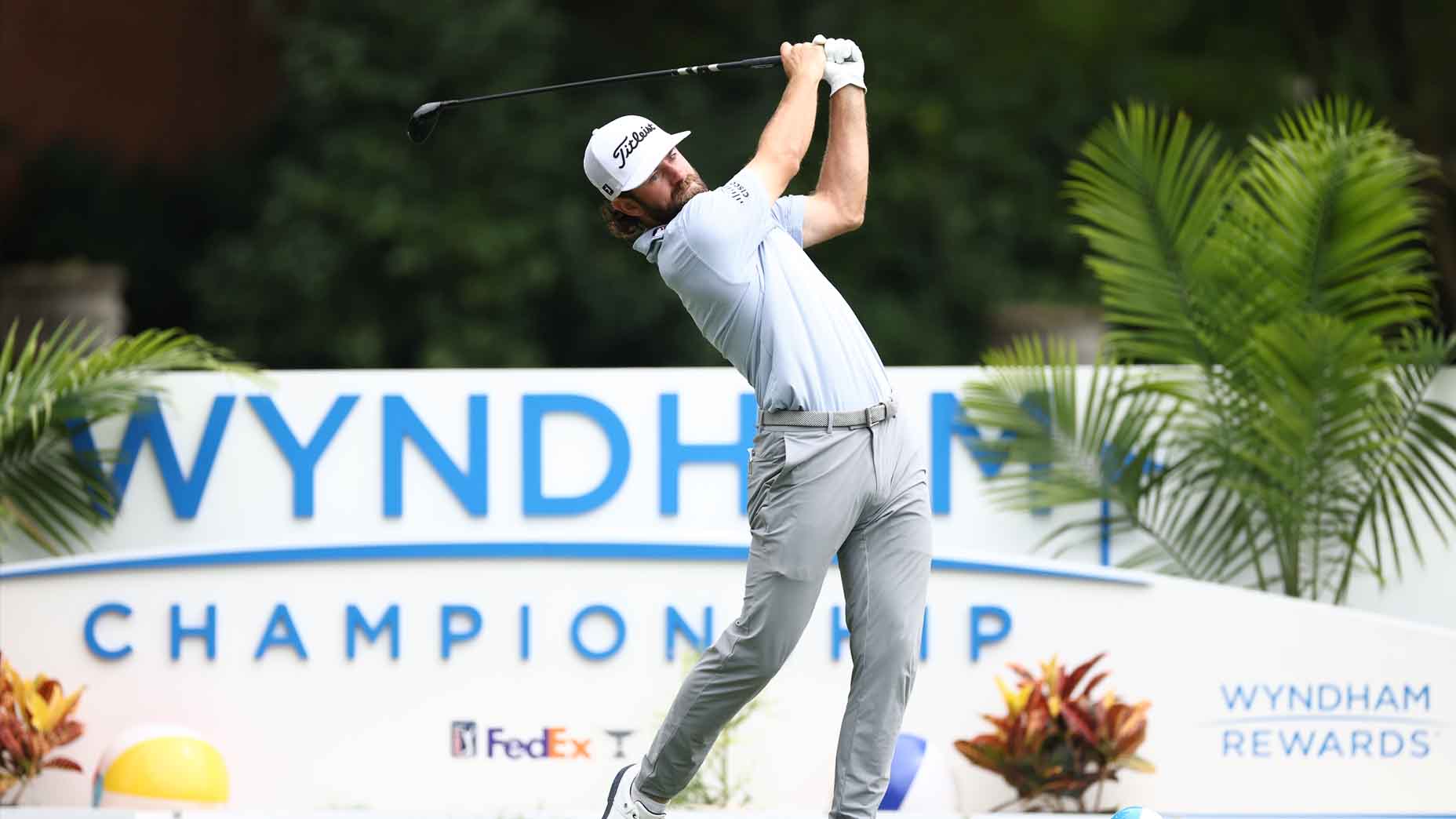 Cameron Young hits a tee shot during the Wyndham Championship