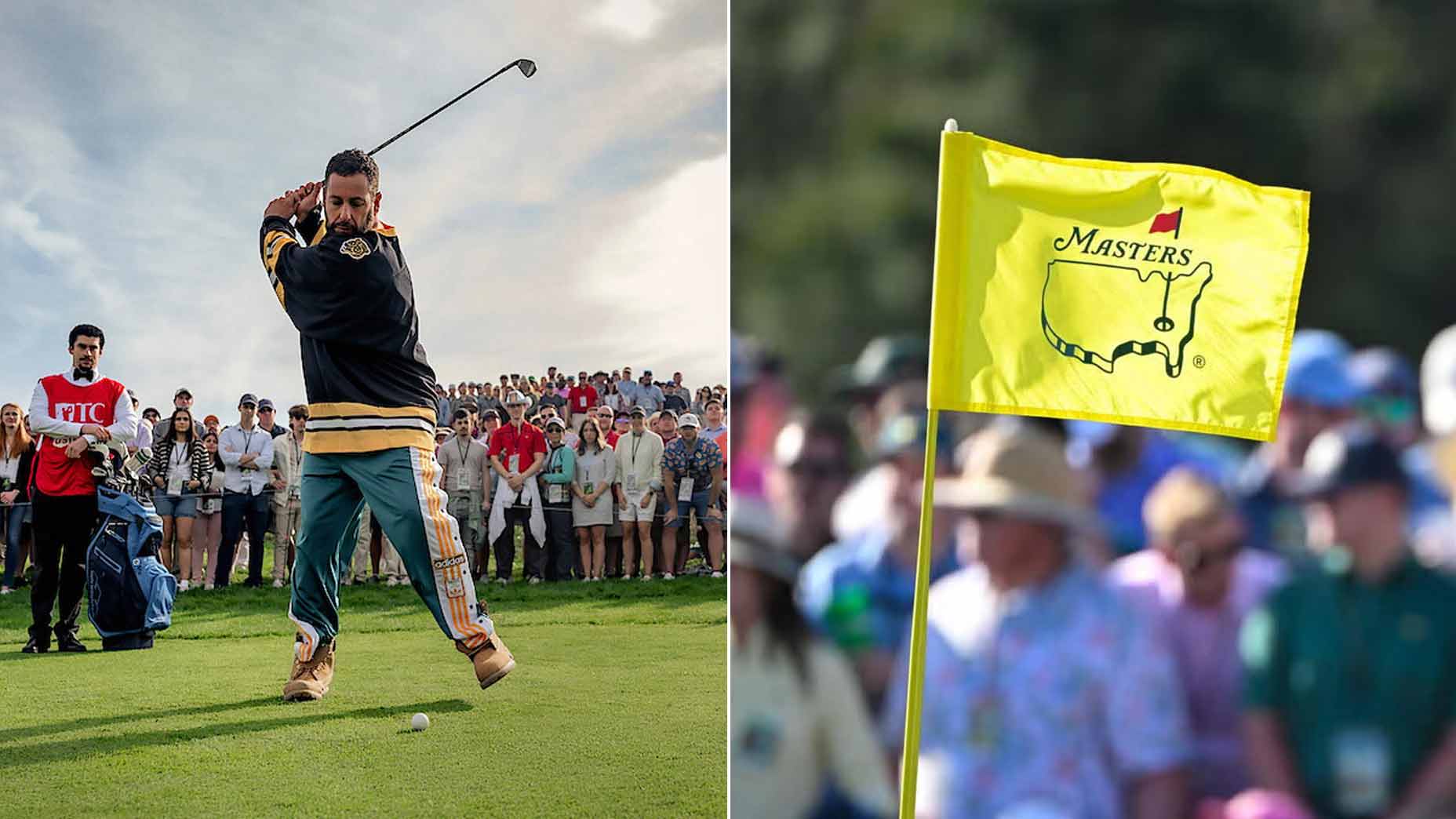 Split image of Adam Sandler in "Happy Gilmore 2" (left) and a 2025 Masters flag (right).