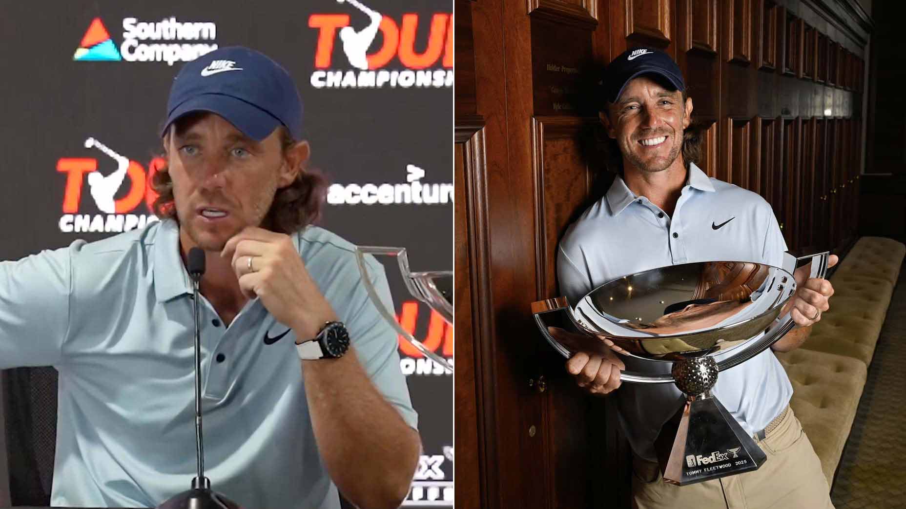 Two images of Tommy Fleetwood after winning the 2025 Tour Championship and FedEx Cup.