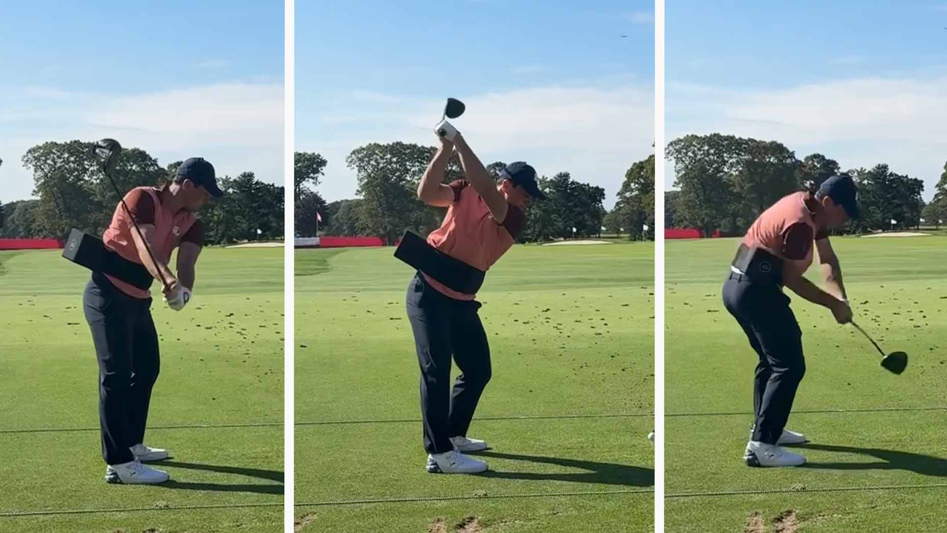 Viktor Hovland using a GBox during a range session on Monday of the Ryder Cup