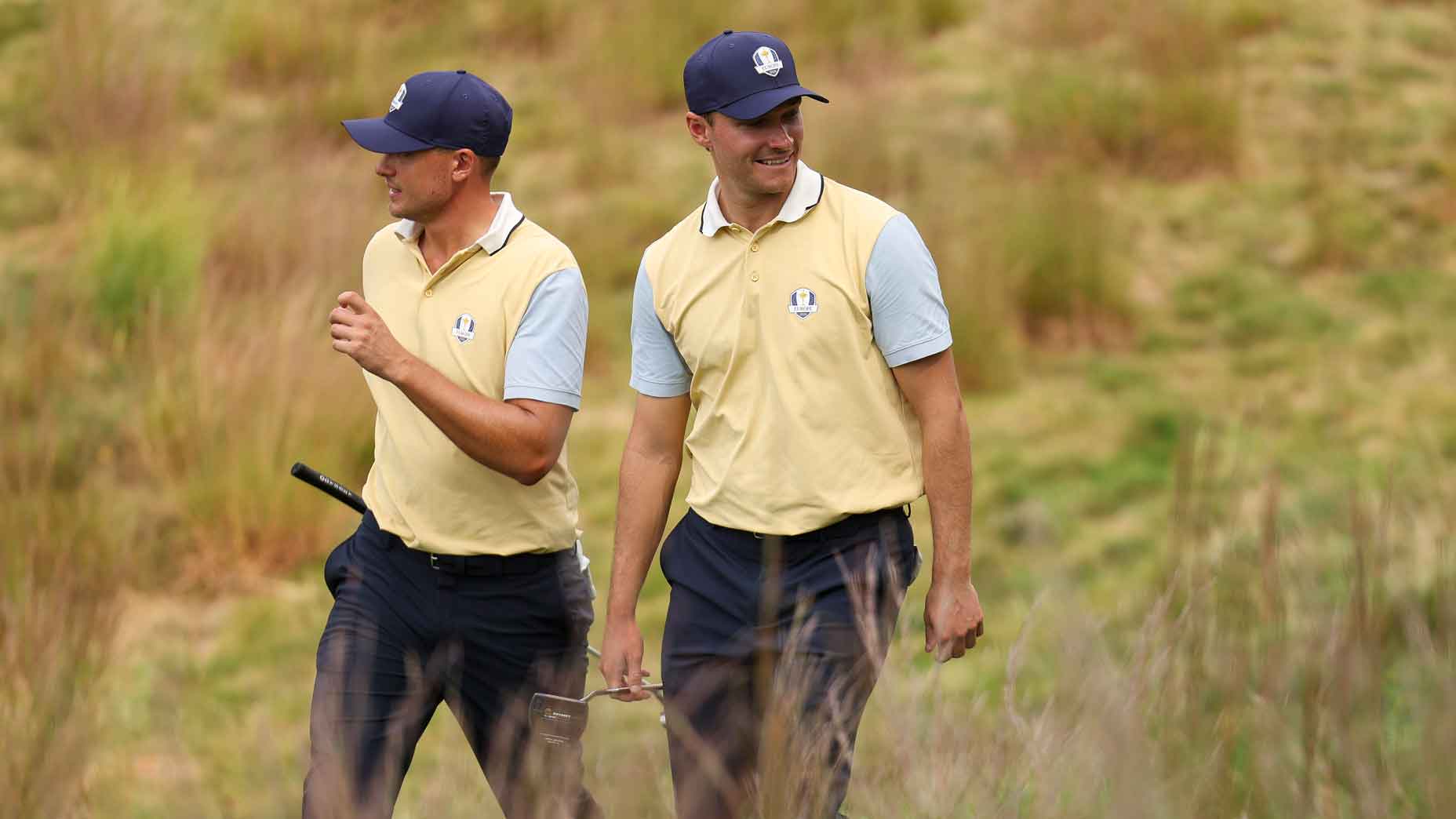 Ludvig Aberg (left) walks with Rasmus Hojgaard ahead of the 2025 Ryder Cup.