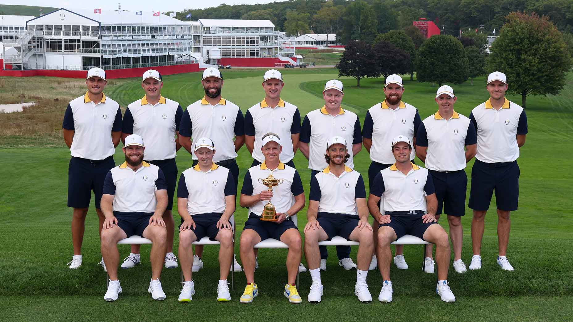 Ludvig Aberg, Sepp Straka, Jon Rahm, Justin Rose, Robert MacIntyre, Shane Lowry, Rory McIlroy, Rasmus Hojgaard (Bottom L-R) Tyrrell Hatton, Matt Fitzpatrick, team captain Luke Donald, Tommy Fleetwood, and Viktor Hovland of Team Europe sit for the official team photo ahead of the 2025 Ryder Cup at Black Course at Bethpage State Park Golf Course on September 15, 2025 in Farmingdale, New York.