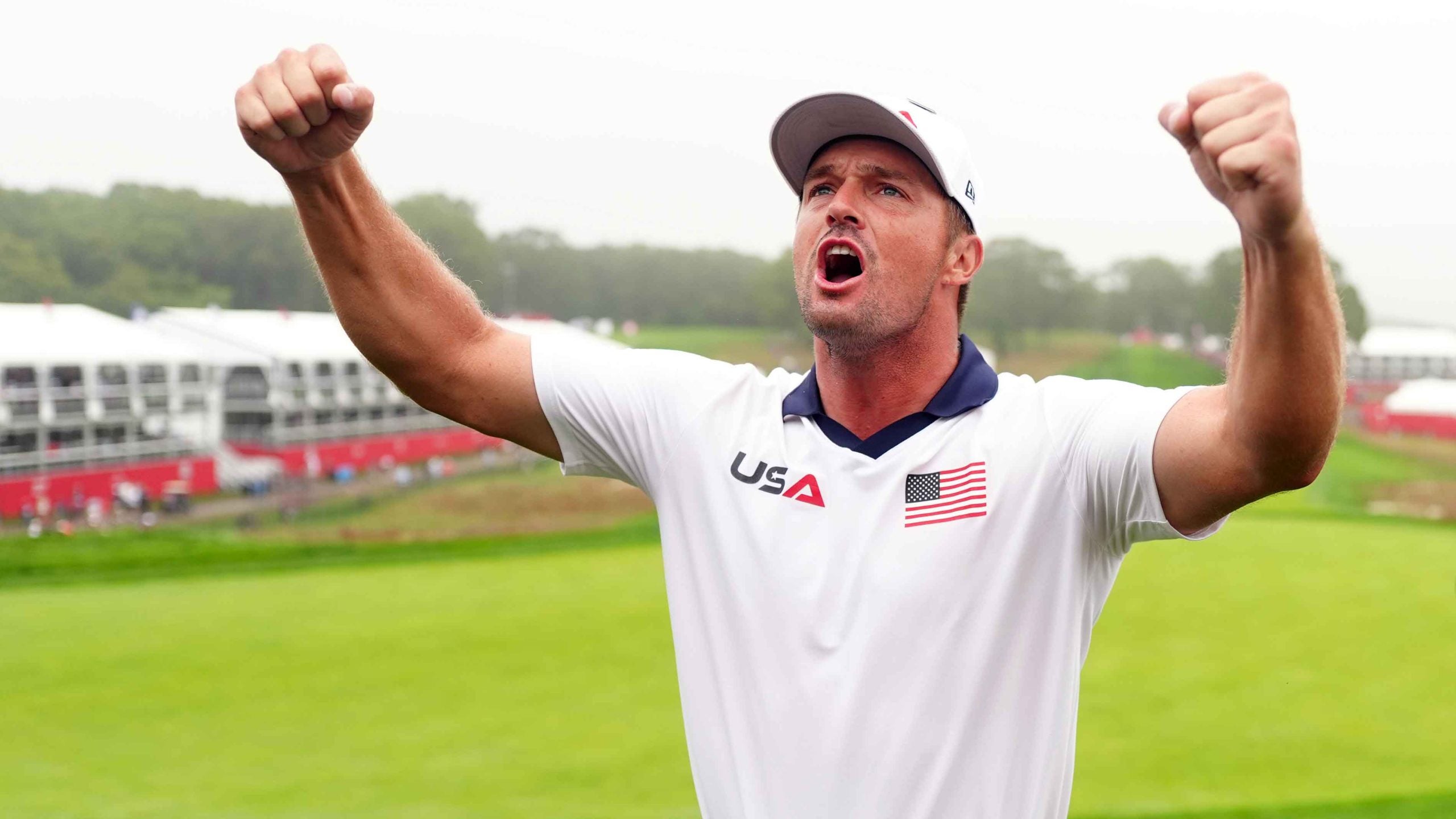 Bryson DeChambeau of Team United States on the 18th green at the Bethpage Black Course, Farmingdale, New York ahead of the 45th Ryder Cup