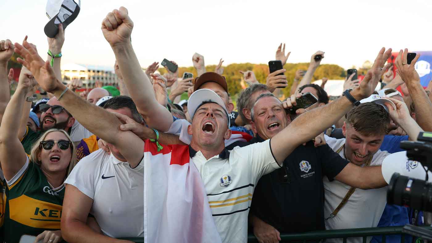 ory McIlroy of Team Europe speaks to the media after Team Europe's 15-13 win over Team United States during the Sunday singles matches of the 2025 Ryder Cup at Black Course at Bethpage State Park