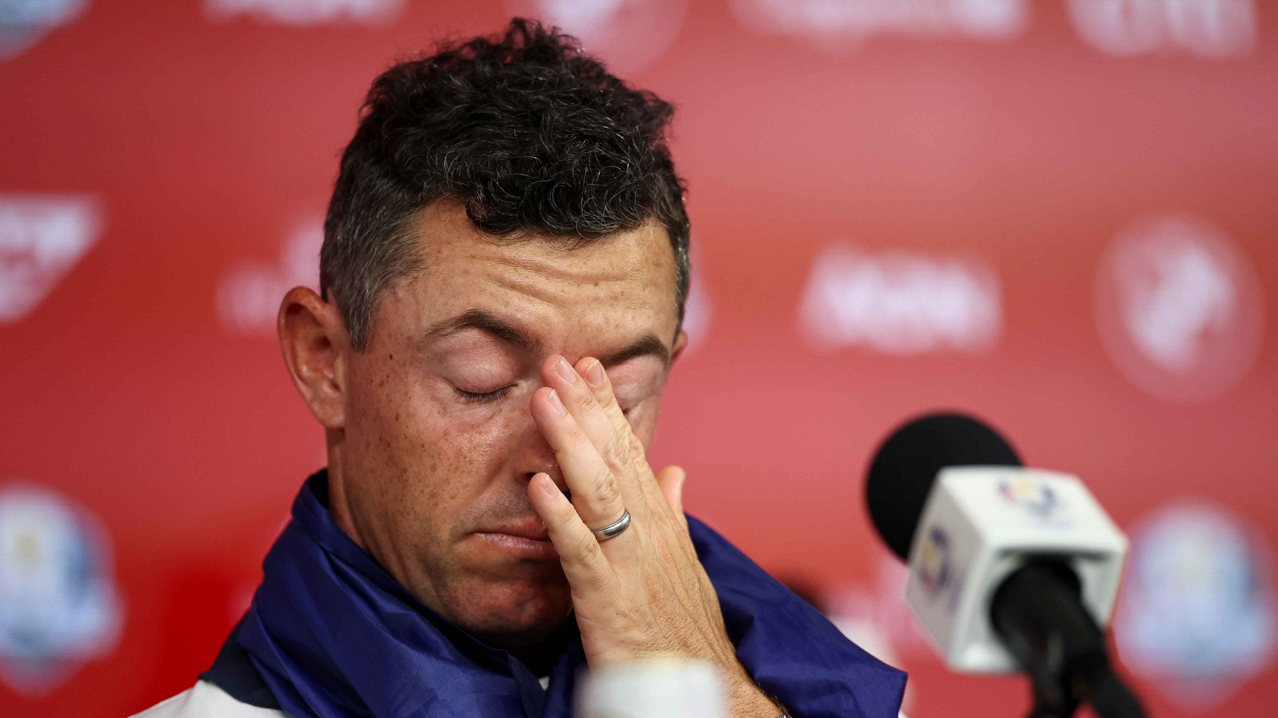 ory McIlroy of Team Europe speaks to the media after Team Europe's 15-13 win over Team United States during the Sunday singles matches of the 2025 Ryder Cup at Black Course at Bethpage State Park
