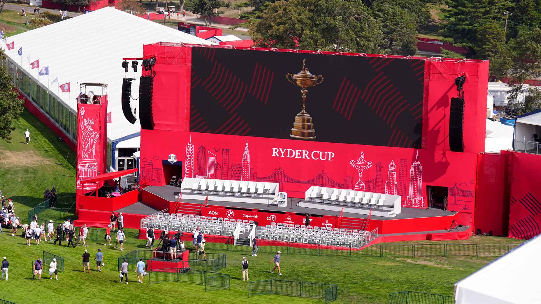 The 2025 Ryder Cup Opening Ceremony stage seen at Bethpage Black