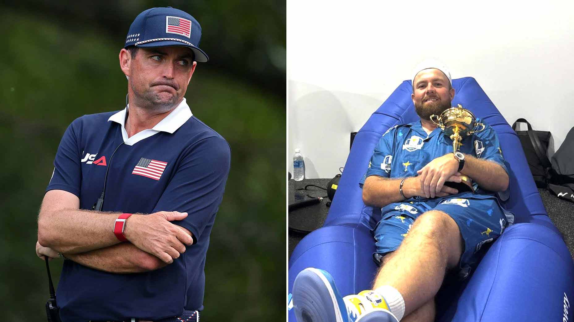 Shane Lowry poses for a photo targeting U.S. Ryder Cup captain Keegan Bradley Sunday night at Bethpage Black.