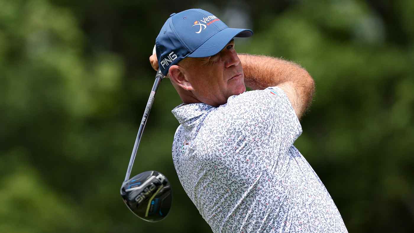 Stewart Cink of the United States hits a tee shot on the 13th hole during the third round of The Ally Challenge 2025