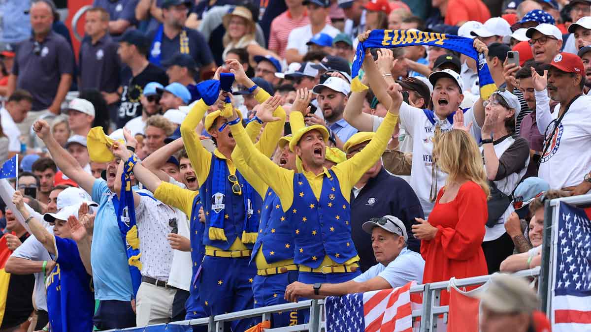 Europe fans show their support during the Saturday afternoon four-balls matches of the 2025 Ryder Cup at Black Course at Bethpage State Pa