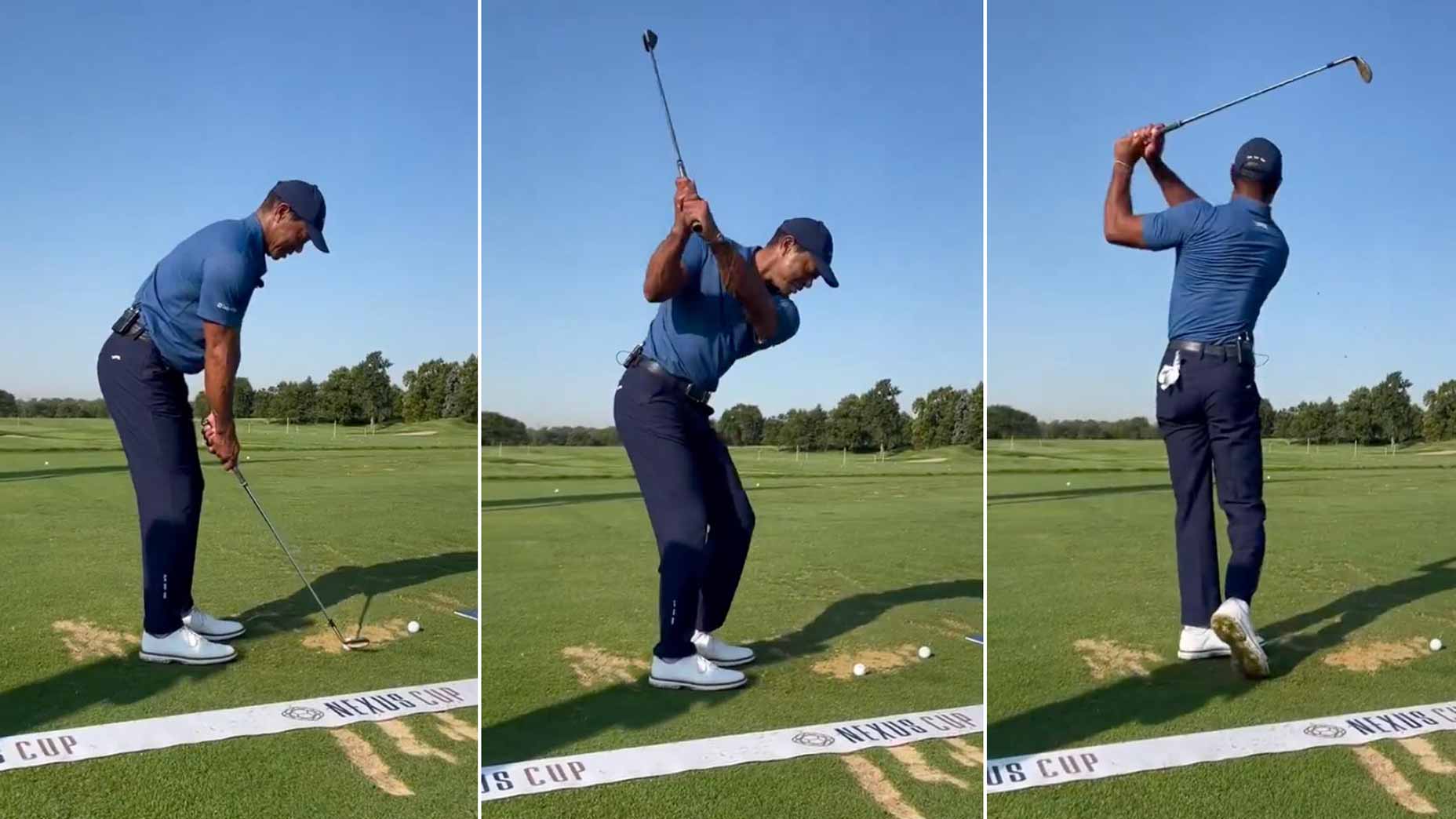 Tiger Woods swing sequence images from driving range session at Liberty National in September 2025.