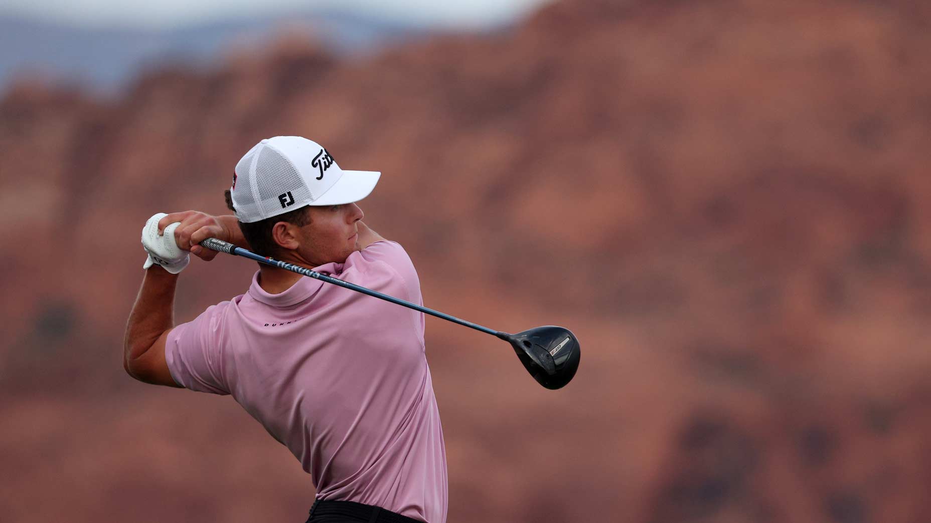 Michael Brennan of the United States plays his shot from the 18th tee during the third round of the Bank of Utah Championship 2025 at Black Desert Resort on October 25, 2025 in St George, Utah.