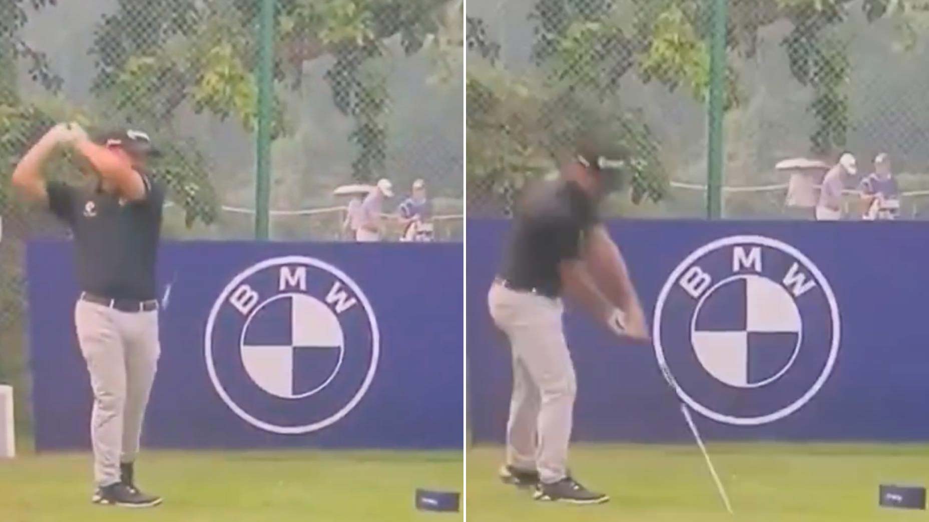 Former Open champion Brian Harman smashes his club during the 2025 DP World India Championship.