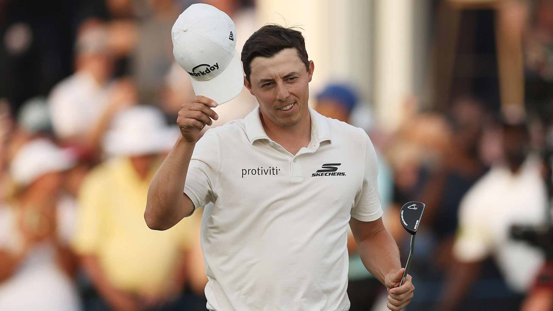 Matt Fitzpatrick of England acknowledges the crowd on the 18th green following victory in the play-off on day four of the DP World Tour Championship 2025 at Jumeirah Golf Estates on November 16, 2025 in Dubai, United Arab Emirates.