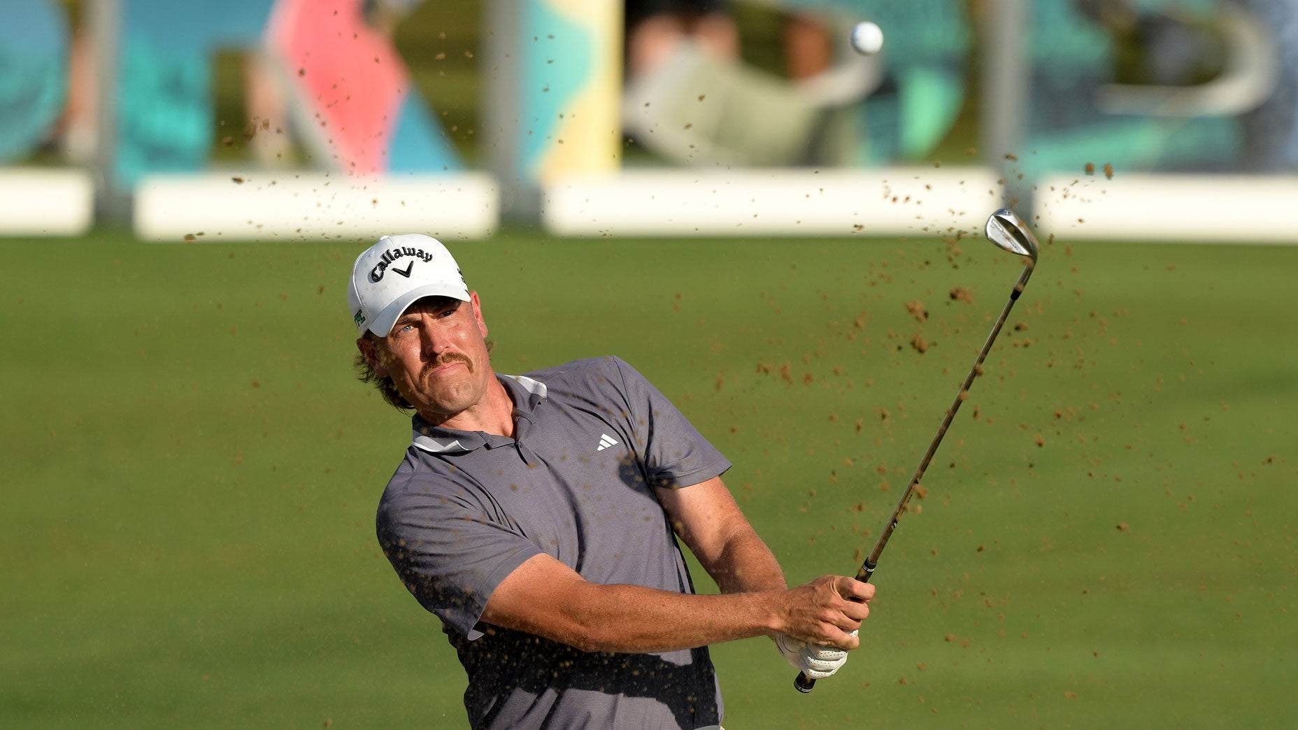Anthony Quayle hits a bunker shot on the 18th hole on day three of the BMW Australian PGA Championship 2025
