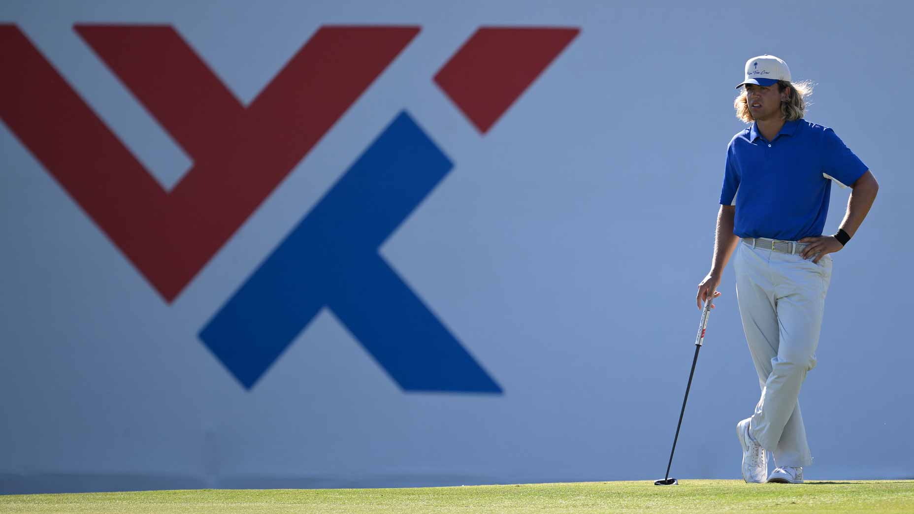 Garrick Higgo stands on the 18th hole green during the third round of the 2025 World Wide Technology Championship.