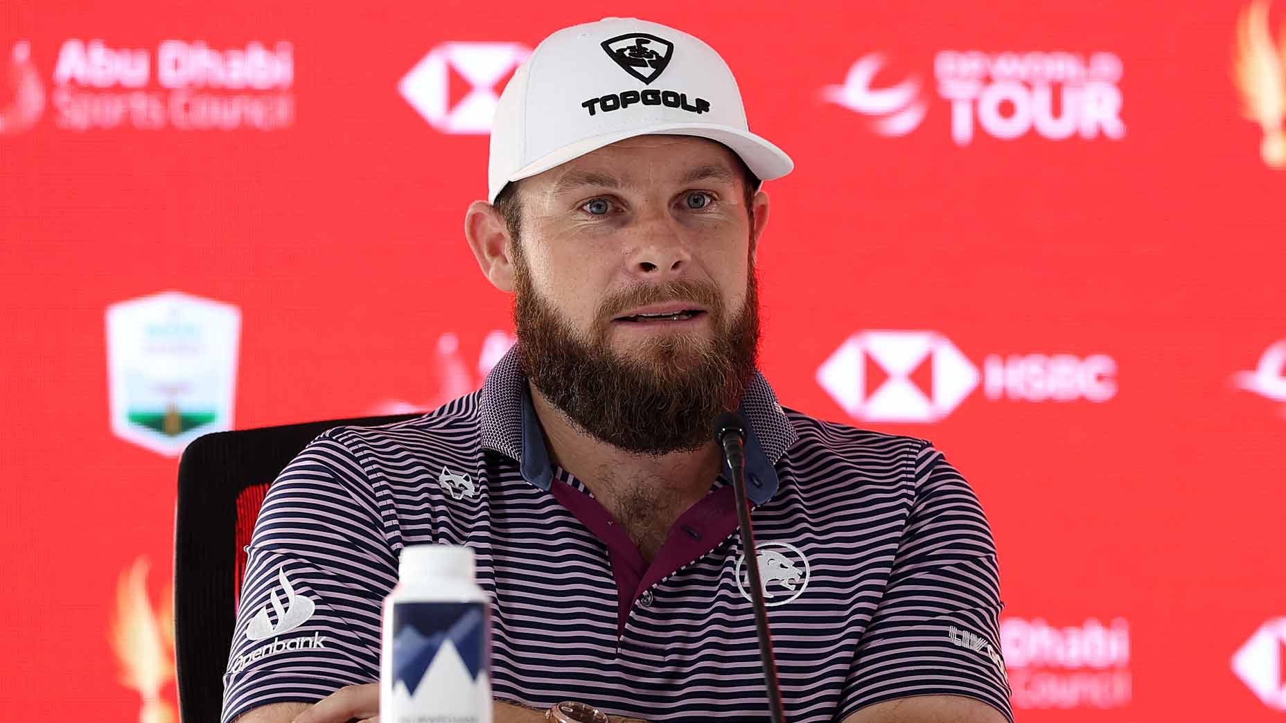 LIV pro Tyrrell Hatton speaks during a press conference prior to the 2025 Abu Dhabi HSBC Championship.