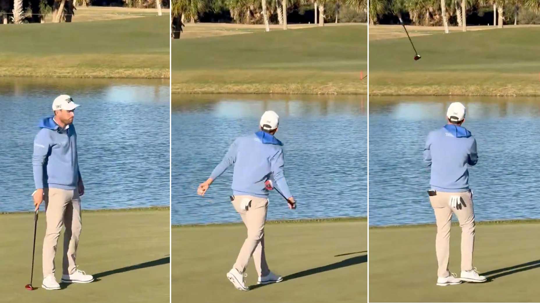 Three images of Ryan McCormick throwing his putter into a lake Friday during the Final Stage of PGA Tour Q-School.
