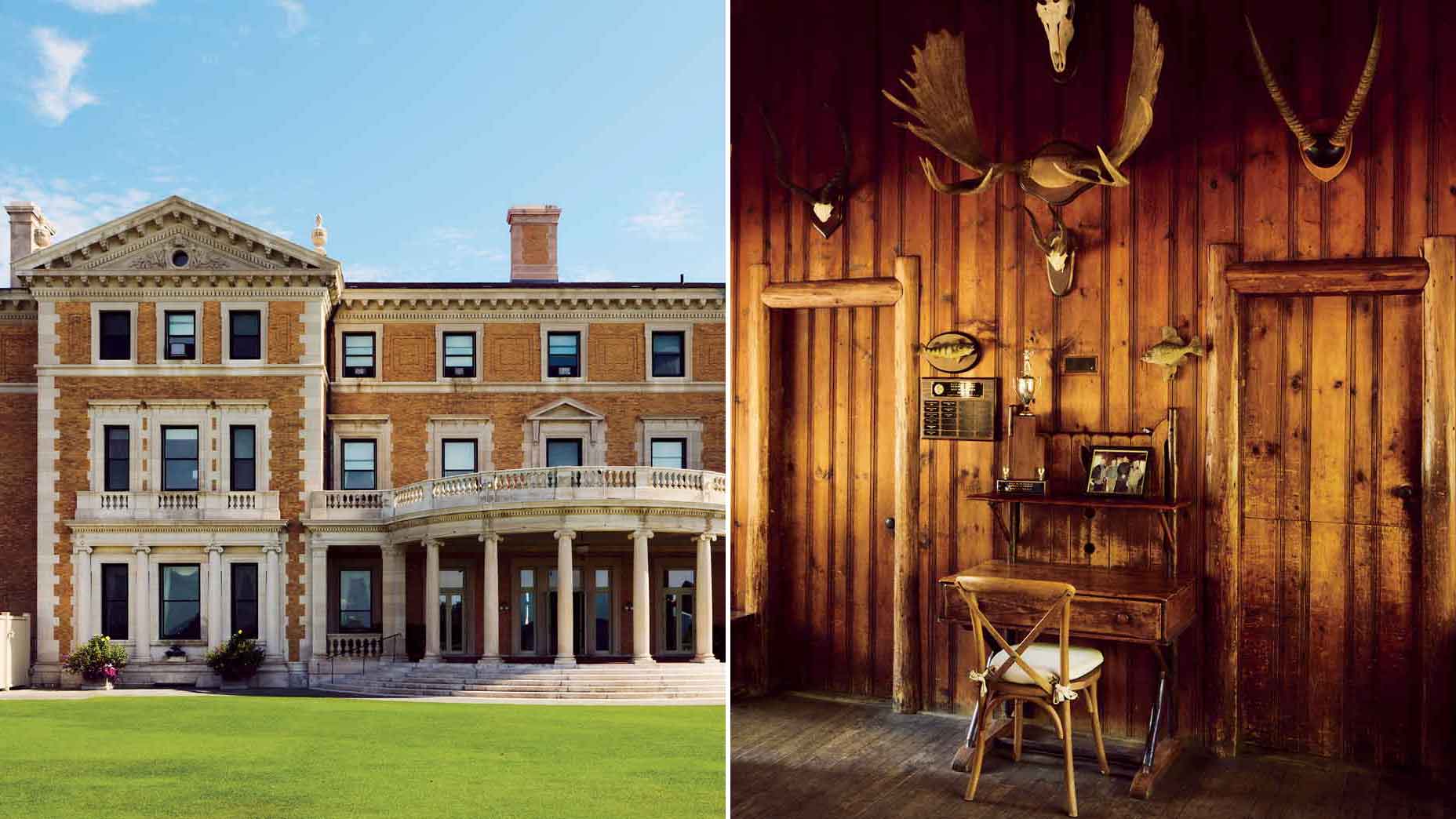 Left: The Sleepy Hollow clubhouse and its front lawn, which overlook the Hudson. Right: Inside the Shooting Lodge, a very different kind of trophy room.