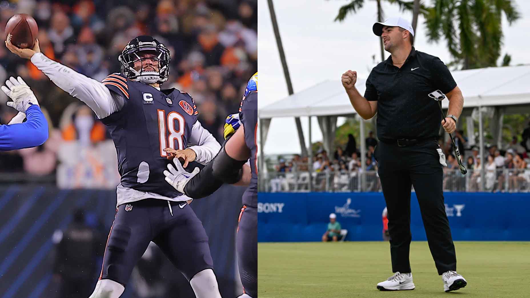 Caleb Williams throws a touchdown pass and Chris Gotterup celebrates