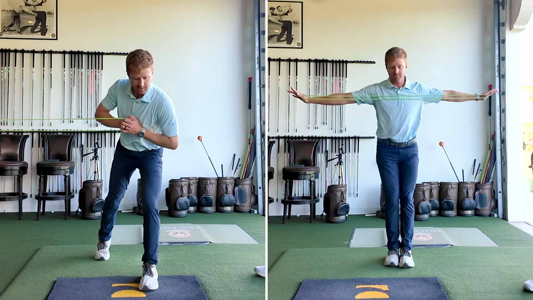 golfer in blue shirt does exercises with resistance band