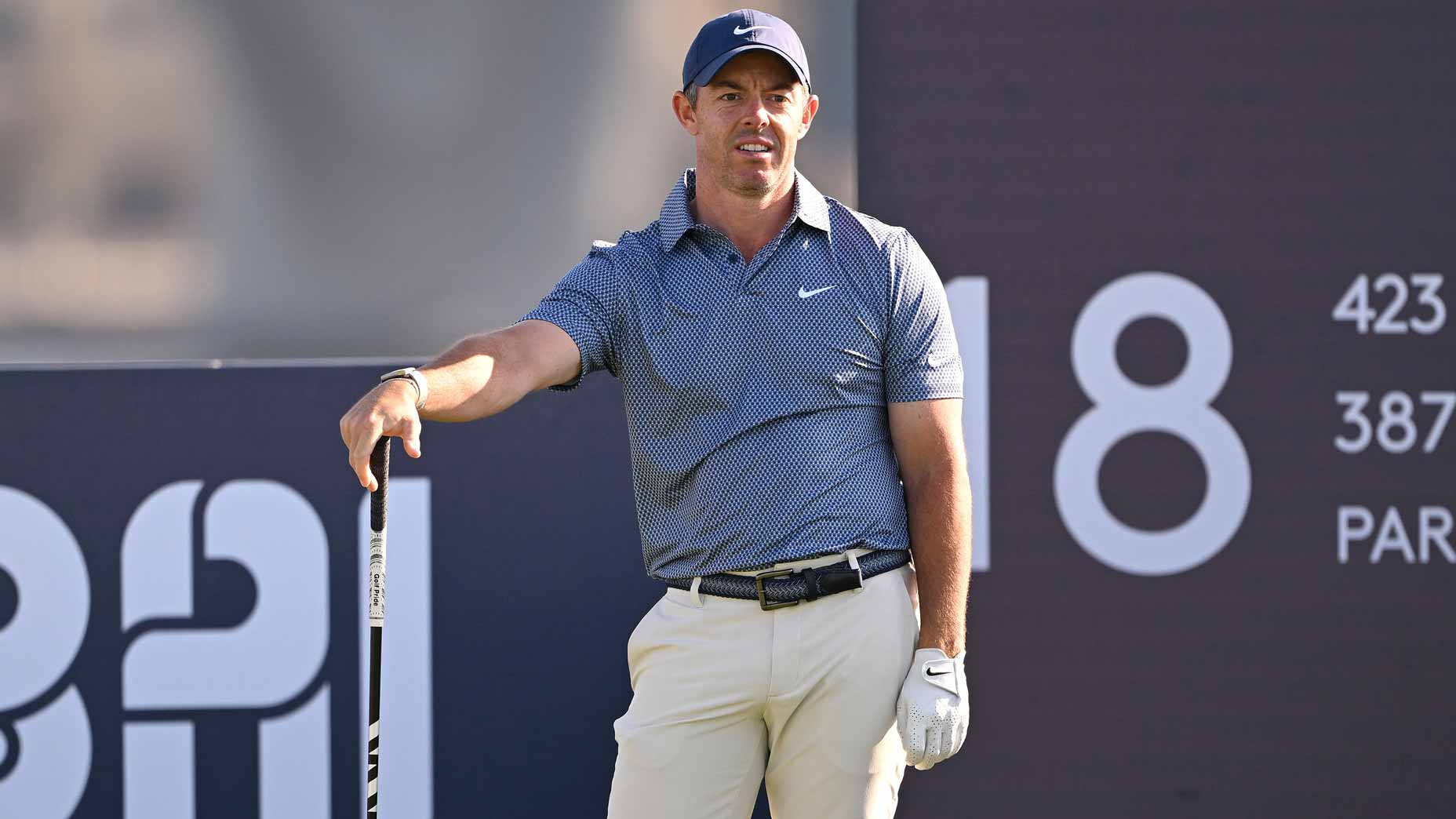 Rory McIlroy looks on at the 18th tee Sunday during the 2026 Dubai Invitational.