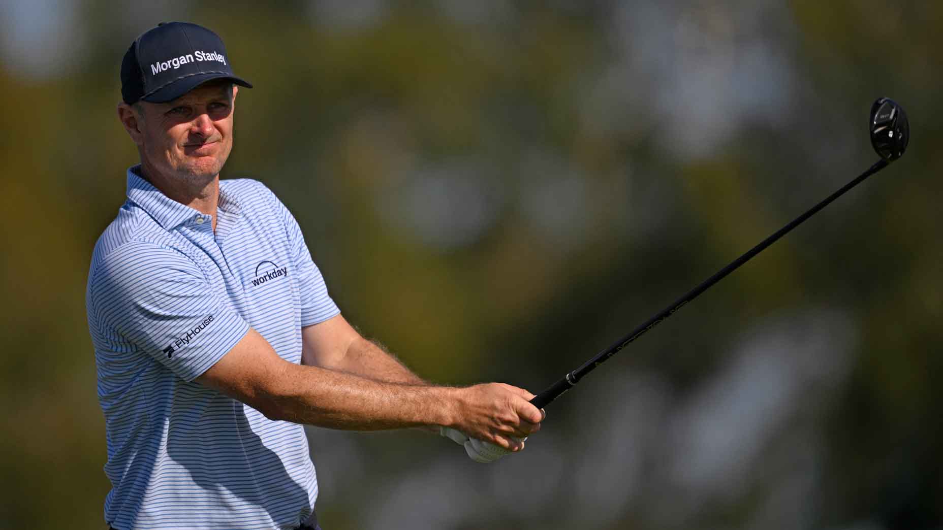 Justin Rose of England plays his shot from the second tee during the third round of the Farmers Insurance Open 2026 at Torrey Pines South Course on January 31, 2026 in La Jolla, California.