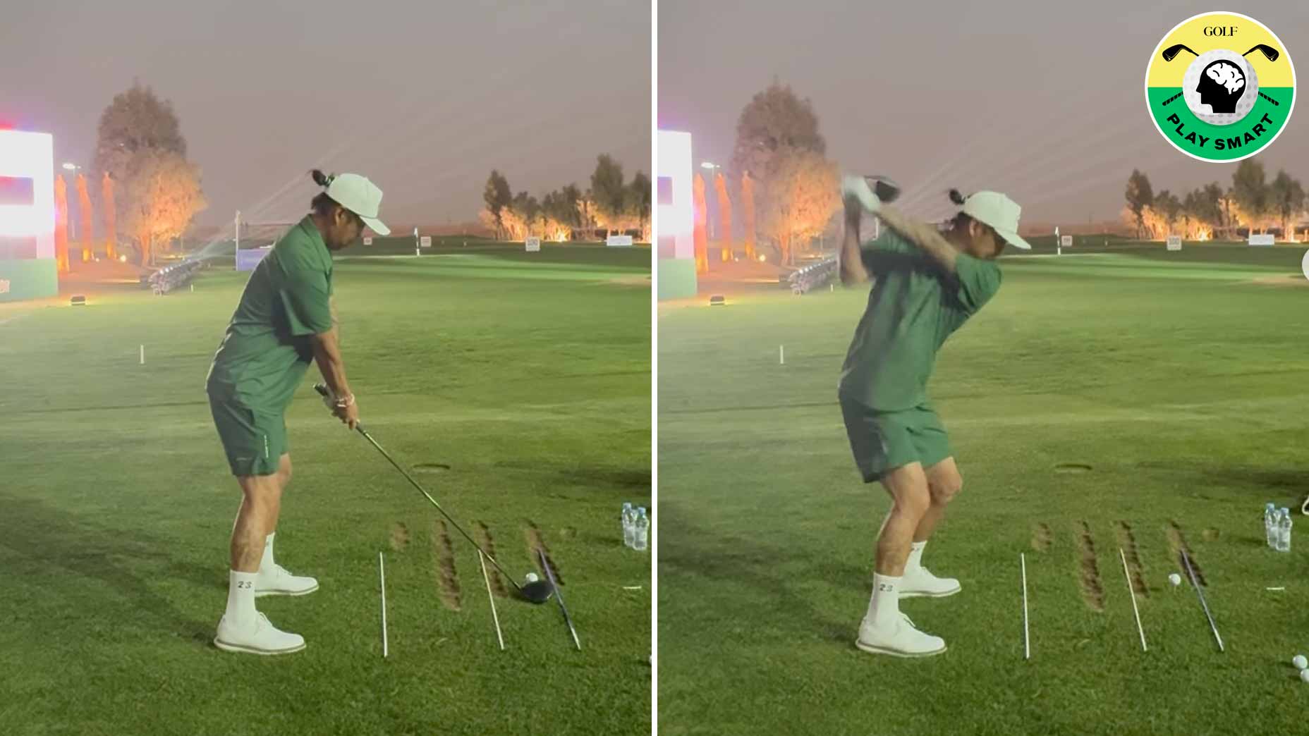 anthony kim hits golf balls on range with alignment sticks in front of him