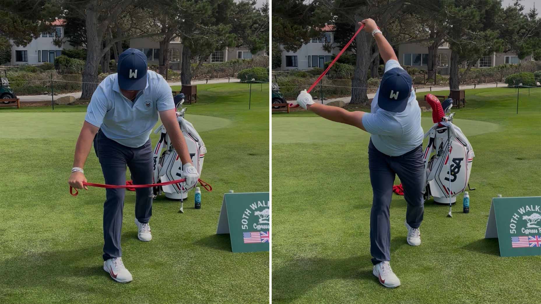 jase summy does stretch with resistance band on the range at the 2025 walker cup