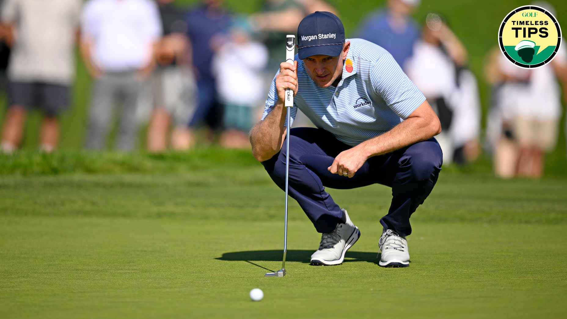justin rose lines up putt at the 2025 farmers insurance open