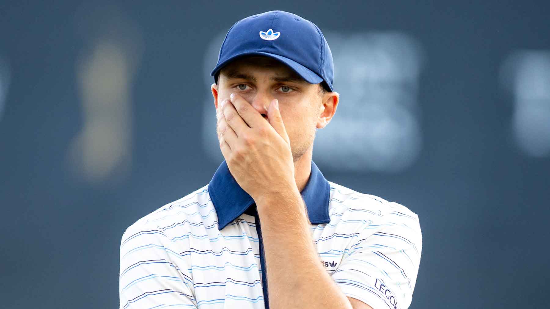 Ludvig Aberg of Sweden places his hand over his mouth on the 18th hole during the final round of THE PLAYERS Championship 2026 at THE PLAYERS Stadium course