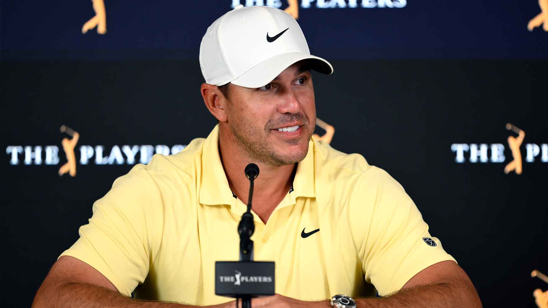 Brooks Koepka speaks with the media at TPC Sawgrass
