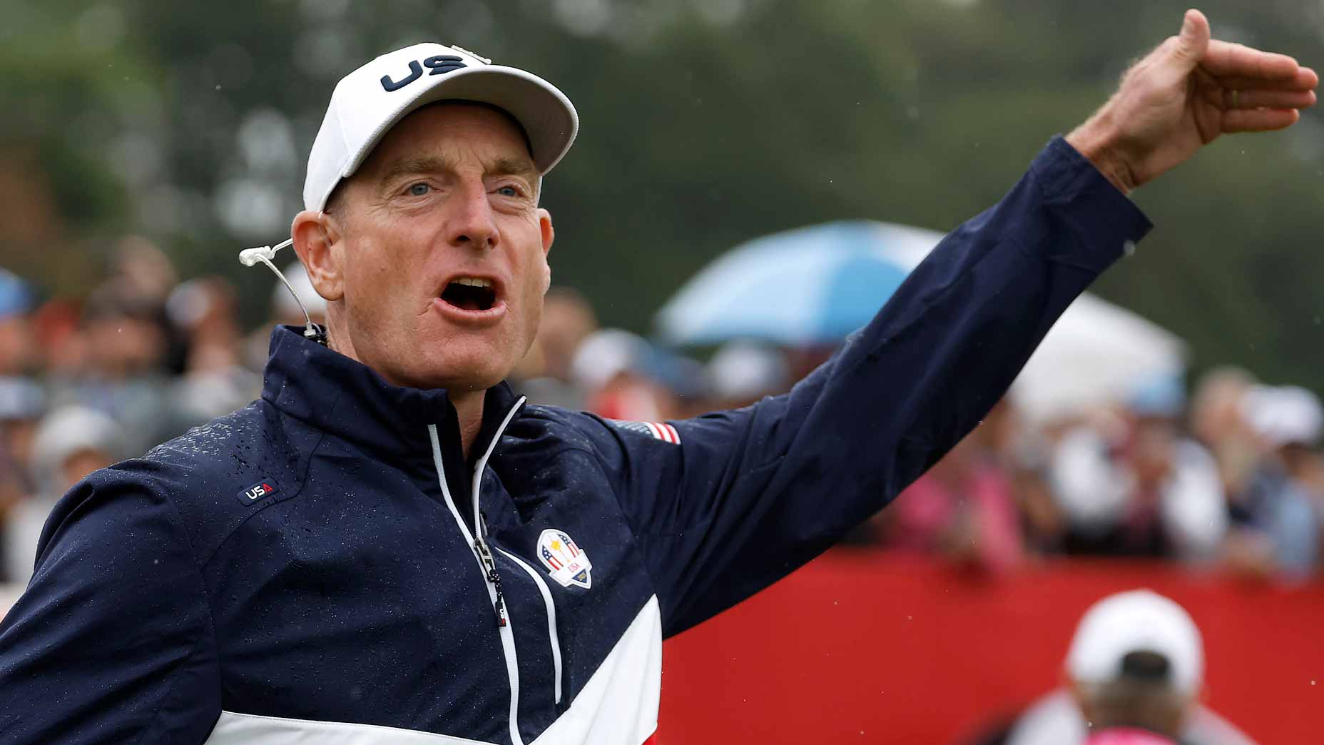 Jim Furyk yells out while at the 17th hole tee box during a practice round prior to the 2025 Ryder Cup.