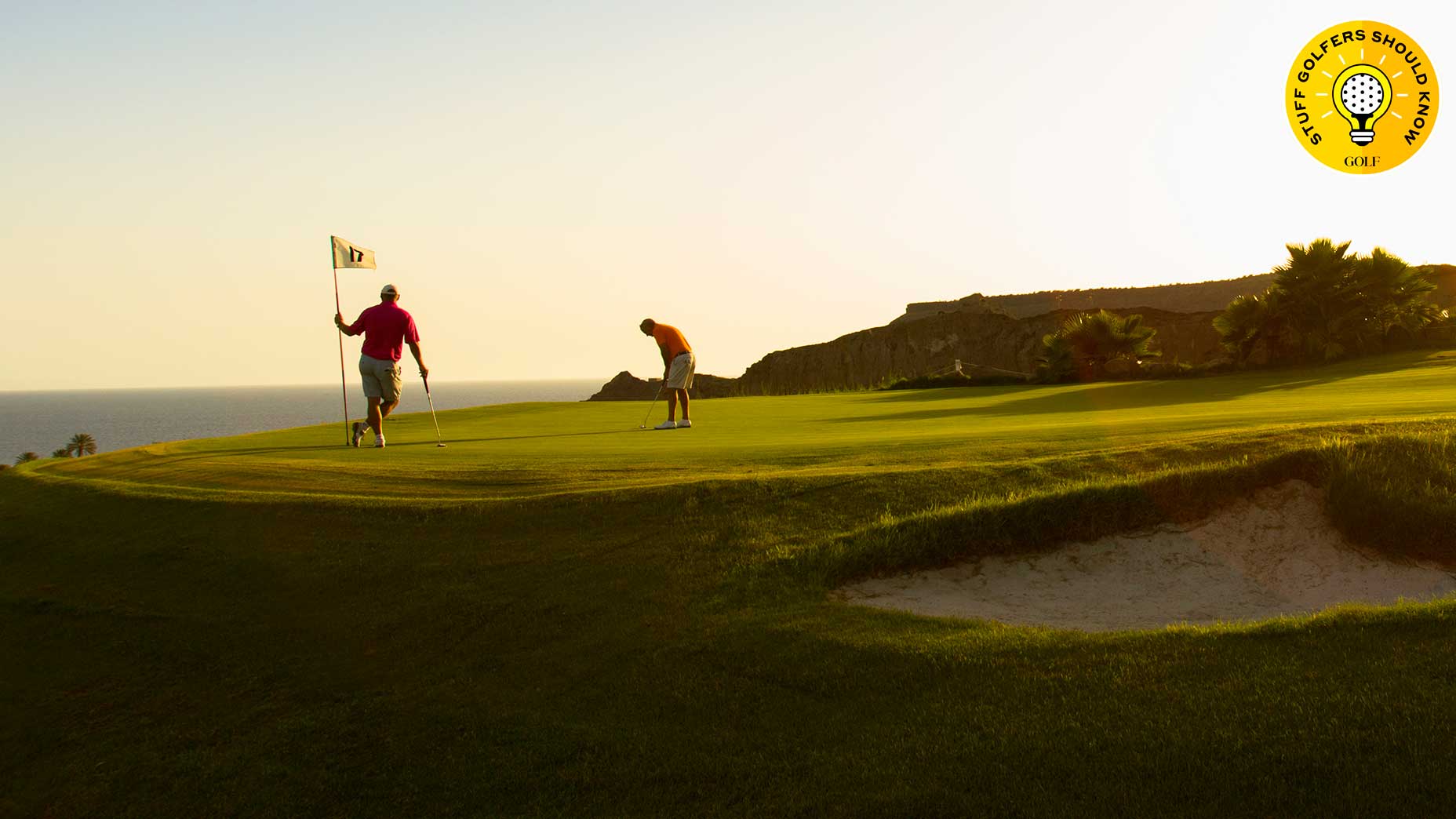 golfers line up putts on the green