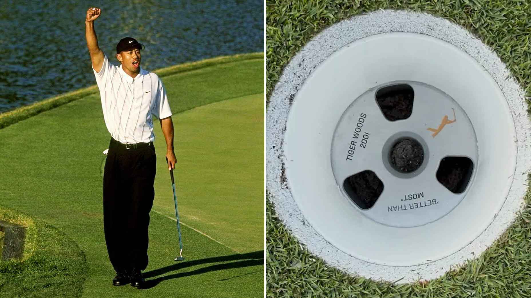 Tiger Woods celebrates putt at 2001 Players Championship; 17th hole at TPC Sawgrass with Tiger tribute.