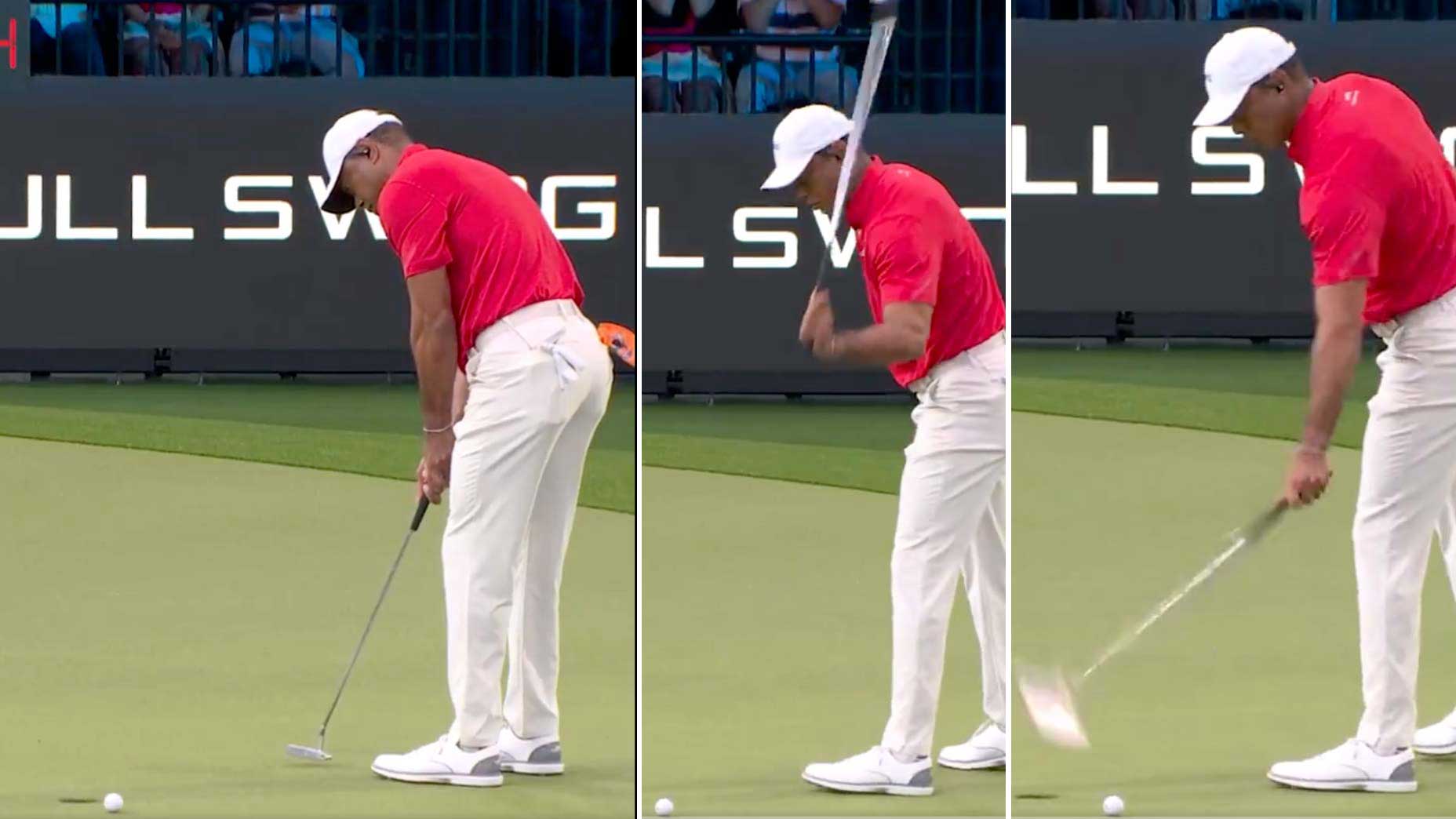 Tiger Woods misses a short putt then slams club during 2026 TGL Finals.