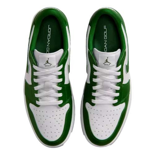 A pair of white and green athletic shoes viewed from above, featuring white laces, perforated toe boxes, green accents, and Jordan Golf branding on the insoles—perfect for anyone seeking the best Jordan golf shoes.