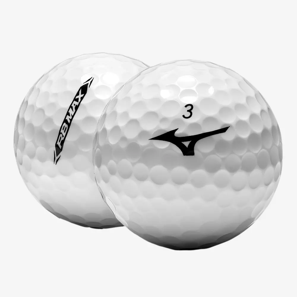 Two white golf balls with dimpled surfaces—one marked RB MAX and the other featuring a stylized M logo and the number 3—are set against a plain white background, perfect for pairing with the best golf shoes 2026.