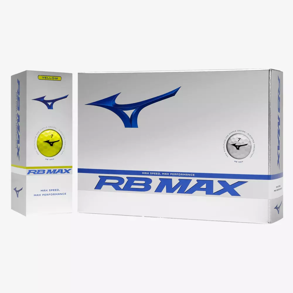 A white box and sleeve of Mizuno RB Max golf balls with blue logo and text, featuring images of a yellow and a white golf ball—perfect to pair with the best golf shoes 2026 for top performance on the course.