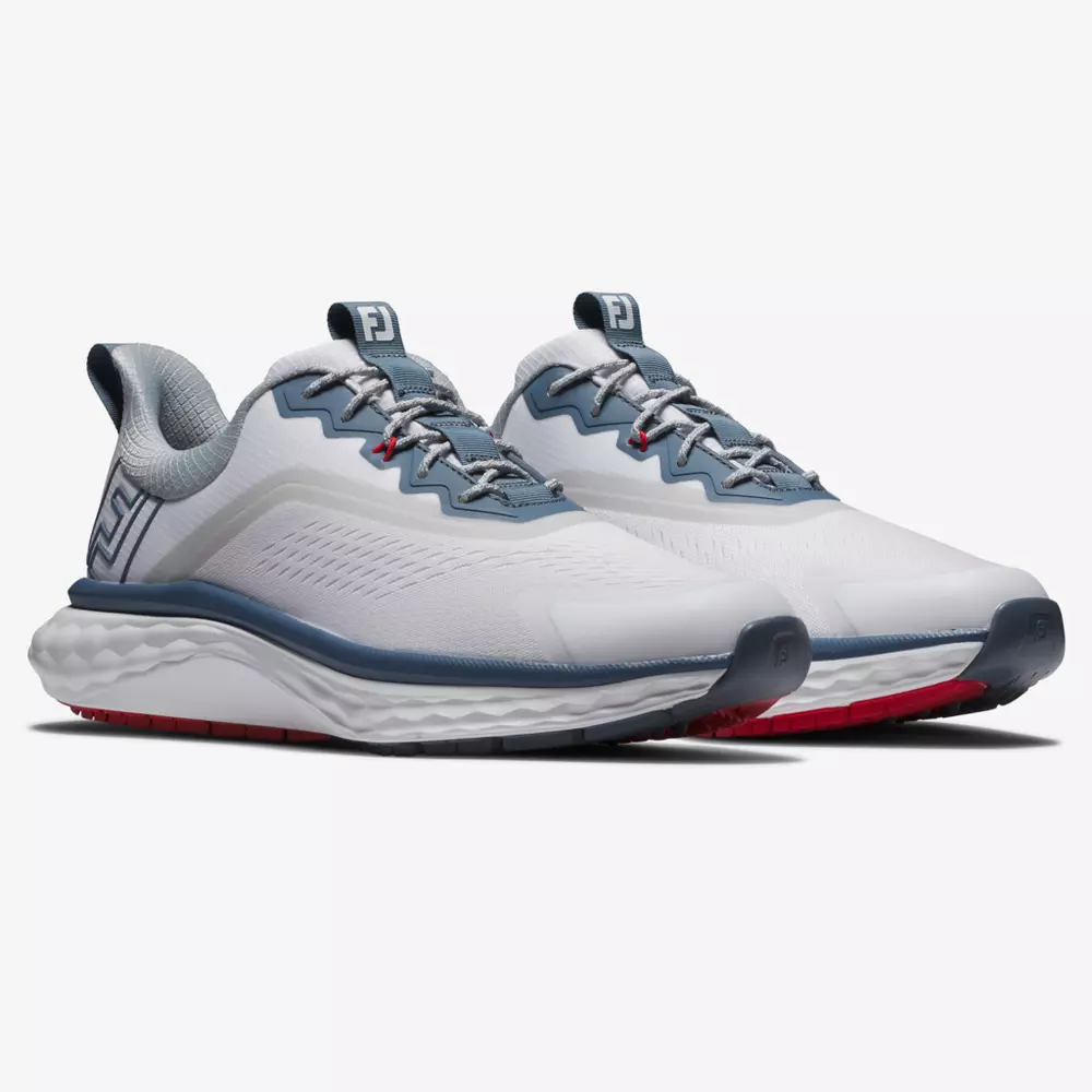 A pair of white athletic sneakers with gray and blue accents, red detailing, lace-up fronts, and textured soles—styled to rival the best golf shoes 2026—positioned side by side on a plain white background.