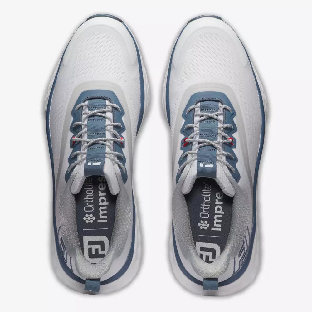 Top view of a pair of white athletic shoes with blue and gray accents, gray laces, and Ortholite Impressions branding visible on the insoles—an ideal pick for those seeking the best golf shoes 2026.