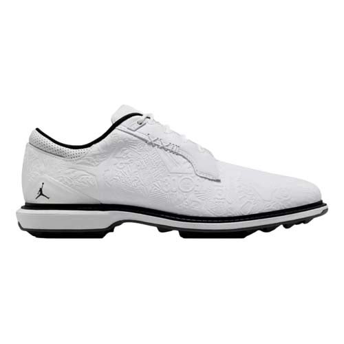 A white low-top golf shoe with subtle embossed patterns, black trim, and a small black Jumpman logo on the heel. The textured sole for grip makes it one of the best Jordan golf shoes for both style and performance on the course.