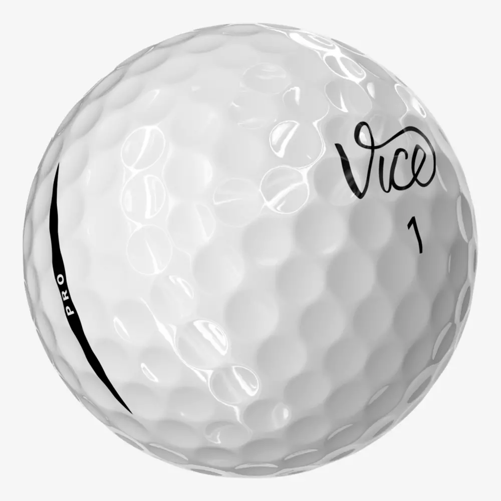 A white golf ball with dimples, featuring the word Vice in stylized black script and the number 1 printed on it, along with a black diagonal stripe labeled PRO—perfect to pair with the best golf shoes 2026 for peak performance on the green.