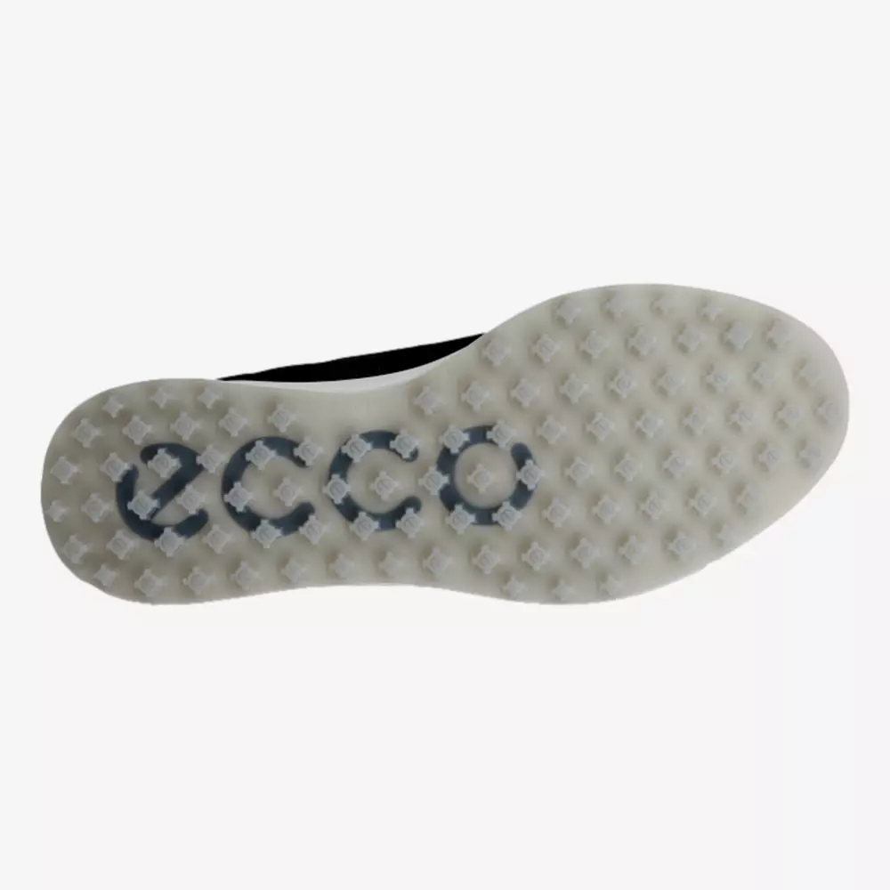 The image shows the translucent rubber sole of a shoe with a textured, studded pattern and the word ecco printed in gray letters across the bottom, reminiscent of the premium grip found in some of the best Jordan golf shoes.