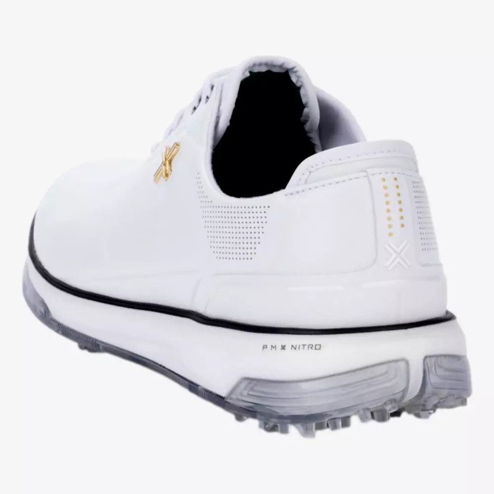 A white golf shoe with gold accents, a textured grip sole, and PWR NITRO printed on the heel—reminiscent of the best Jordan golf shoes—viewed from the back and slightly to the side against a white background.