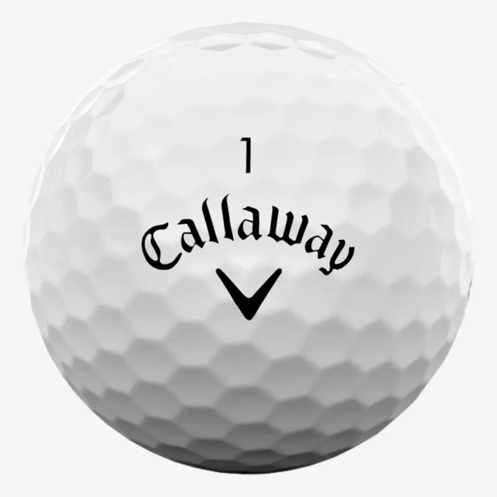 A white golf ball with the number 1 and the black Callaway logo, featuring the word Callaway and a V-shaped design, is printed on its dimpled surface—a great match for players searching for the best golf shoes 2026.