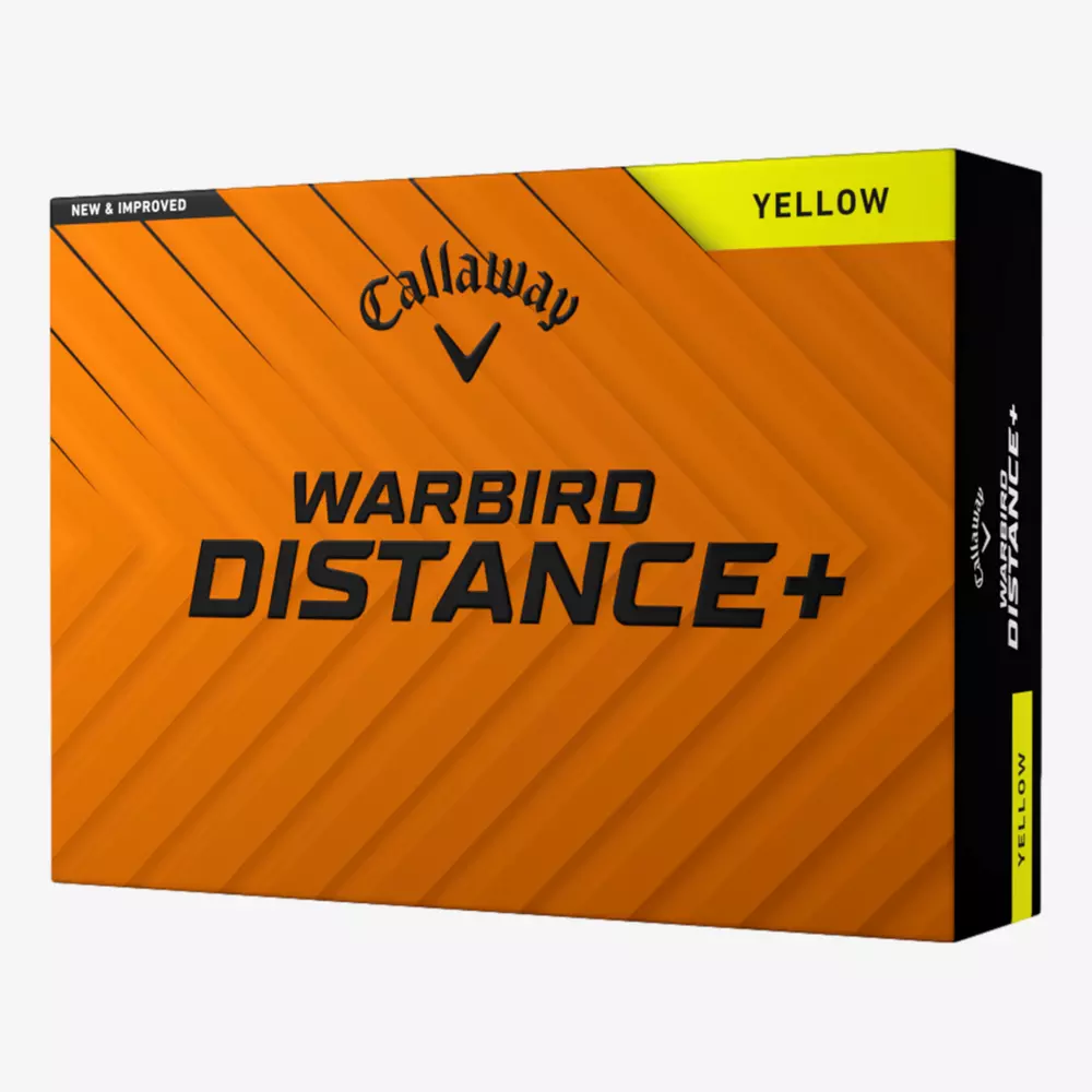 A box of Callaway Warbird Distance+ yellow golf balls with an orange and black diagonal striped design and bold black text on the front—an ideal match for your game alongside the best golf shoes 2026 has to offer.