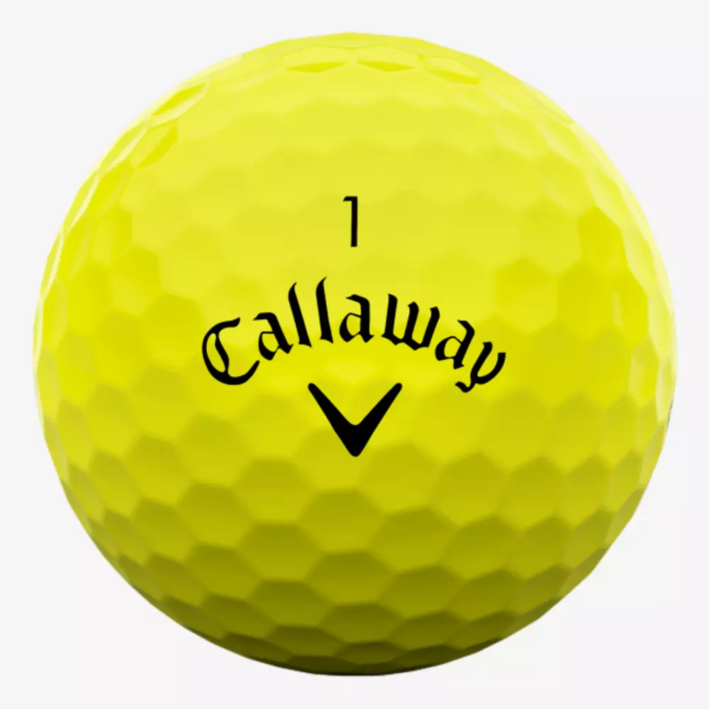 A yellow Callaway golf ball with a dimpled surface, the number 1 printed above the Callaway logo and a black chevron symbol below—perfect for pairing with the best golf shoes 2026 for optimal performance on the course.