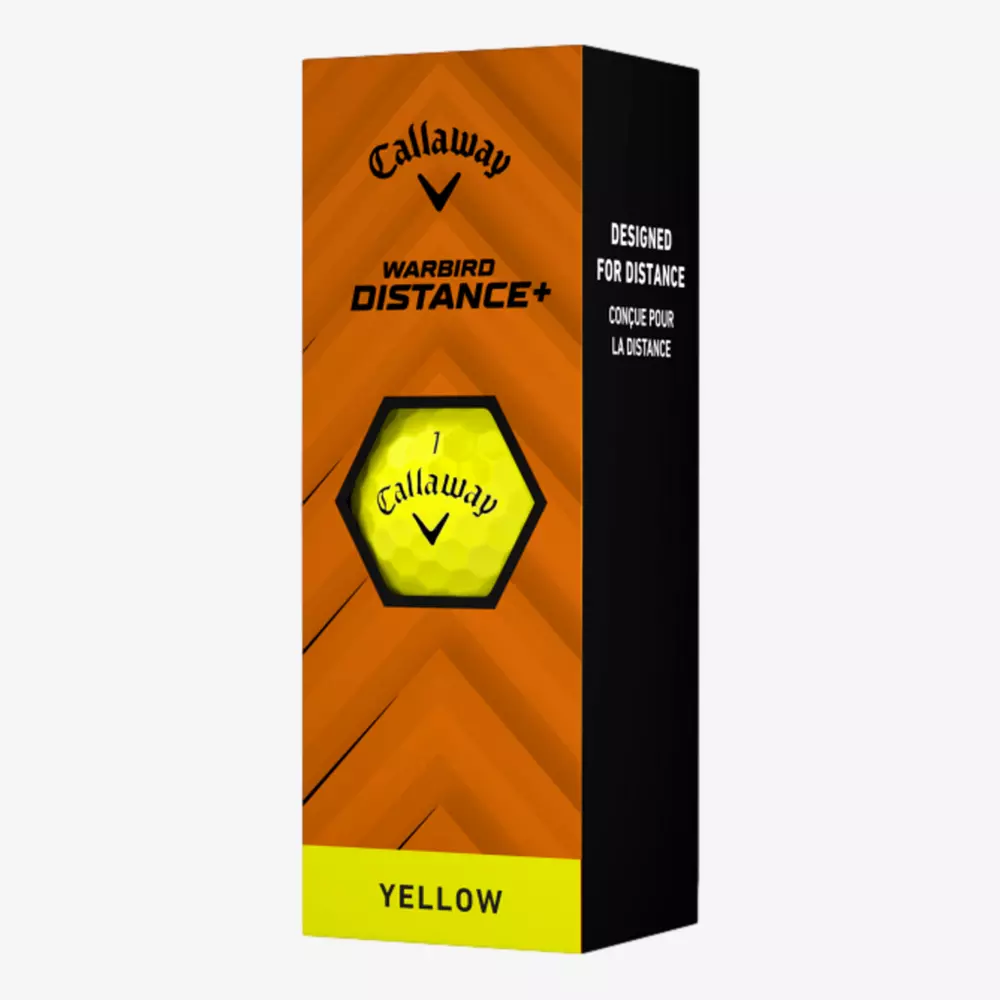 A box of Callaway Warbird Distance+ yellow golf balls features black and yellow branding, a hexagon window with a yellow ball, and text reading Designed for Distance—perfect to pair with the best golf shoes 2026 for enhanced performance.