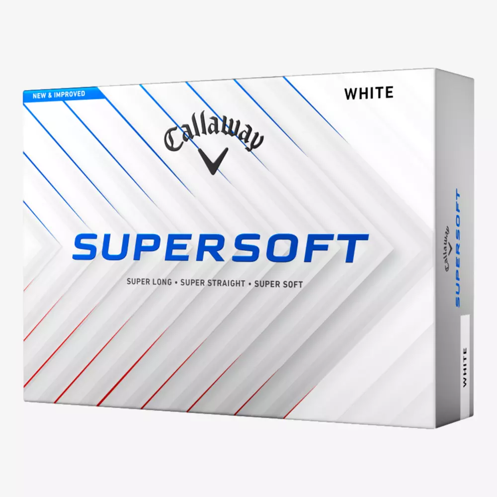 A white rectangular box of Callaway Supersoft golf balls with blue and red diagonal lines, featuring SUPERSOFT in large blue letters—perfect to pair with the best golf shoes 2026 for a top-notch game: Super Long • Super Straight • Super Soft.