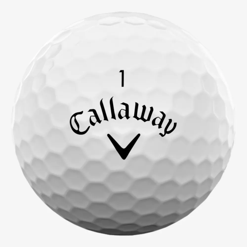 A white golf ball with a dimpled surface, featuring the number 1 and the word “Callaway” with a downward-facing chevron logo in black—perfect for pairing with the best golf shoes 2026 on your next round.